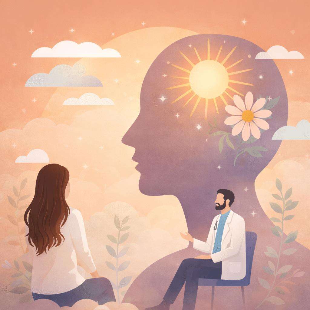 Consultation thérapeutique avec praticien et patiente dans ambiance apaisante et bienveillante