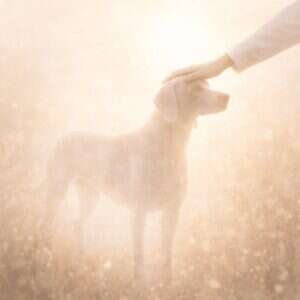 Main caressant un chien Labrador dans une lumière dorée apaisante